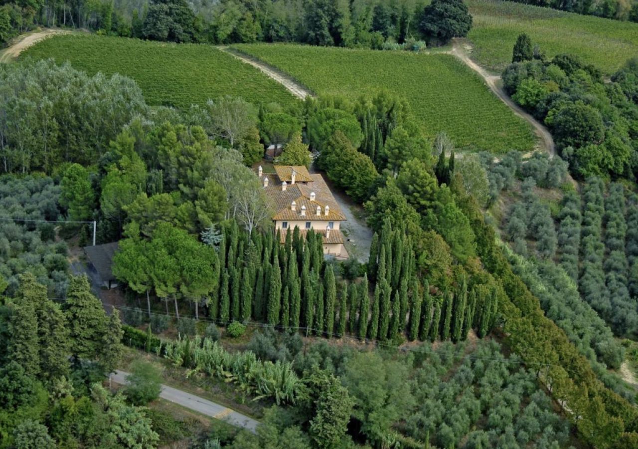 Veduta aerea della Fattoria Uccelliera, circondata da vigneti, oliveti, boschi e filari di cipressi sulle colline pisane.