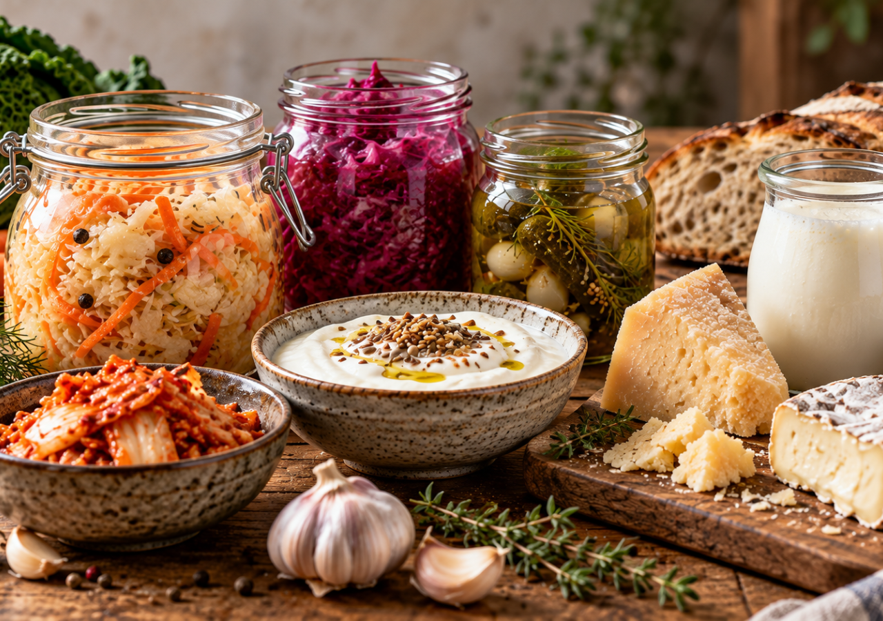 Tavolo rustico in legno con una composizione realistica di alimenti fermentati e prodotti artigianali. In primo piano si vedono barattoli di crauti, cavolo viola fermentato e cetriolini in salamoia, una ciotola di kimchi, una ciotola di yogurt bianco con semi in superficie, una bottiglia di latte fermentato o kefir, formaggi stagionati e a crosta fiorita, pagnotte di pane rustico, aglio, erbe aromatiche e alcune verdure fresche sullo sfondo. L’immagine richiama il tema del ruolo dei microrganismi nella qualità degli alimenti fermentati.