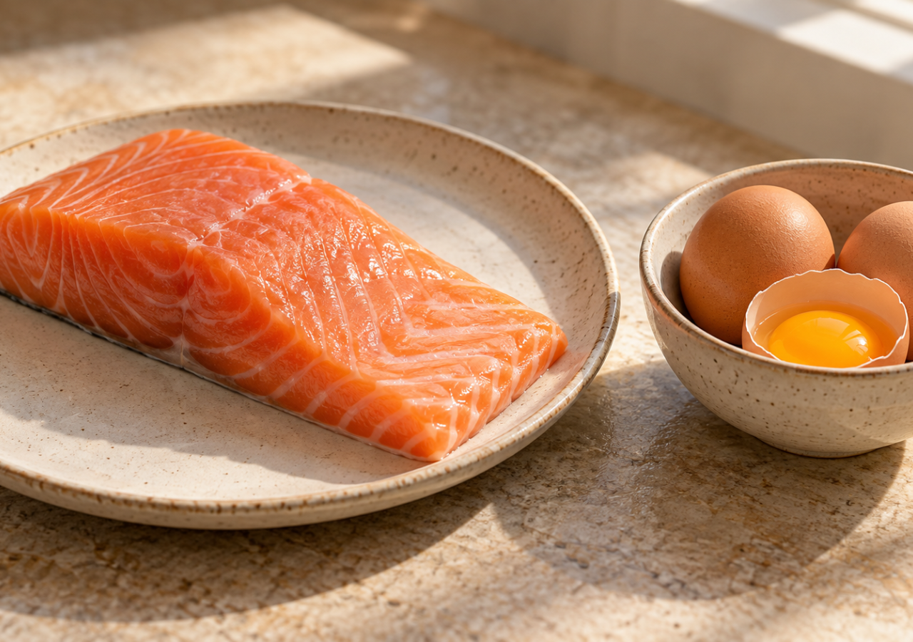 Filetto di salmone su un piatto in ceramica, accanto a una ciotola con uova intere e un tuorlo nel guscio, su un piano chiaro illuminato dalla luce naturale.