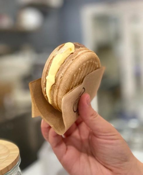 Biscotto gelato artigianale farcito con crema chiara, servito in un tovagliolino e tenuto in mano, con sfondo sfocato del banco gelateria.